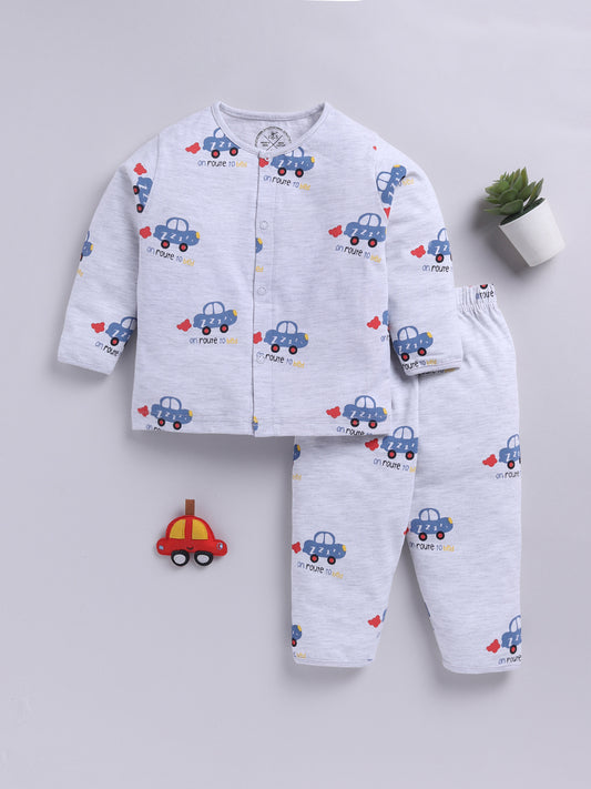 'Cars' Grey Cotton Knitted Full Sleeve Night Suit