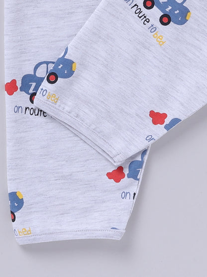 'Cars' Grey Cotton Knitted Full Sleeve Night Suit