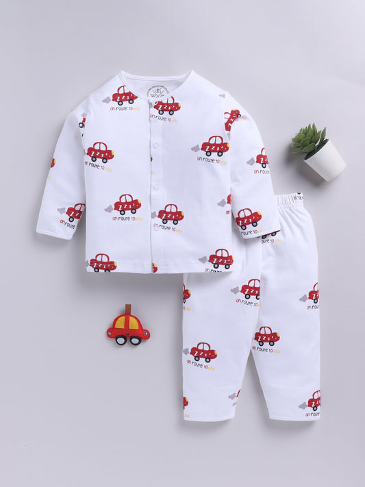 'Cars' White Cotton Knitted Full Sleeve Night Suit