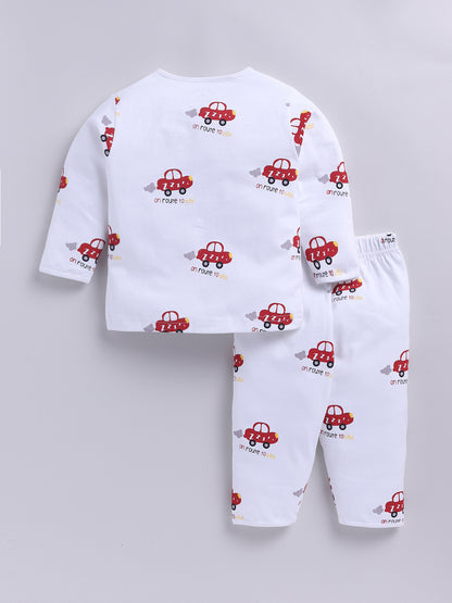 'Cars' White Cotton Knitted Full Sleeve Night Suit