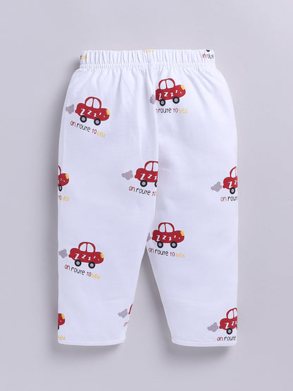 'Cars' White Cotton Knitted Full Sleeve Night Suit