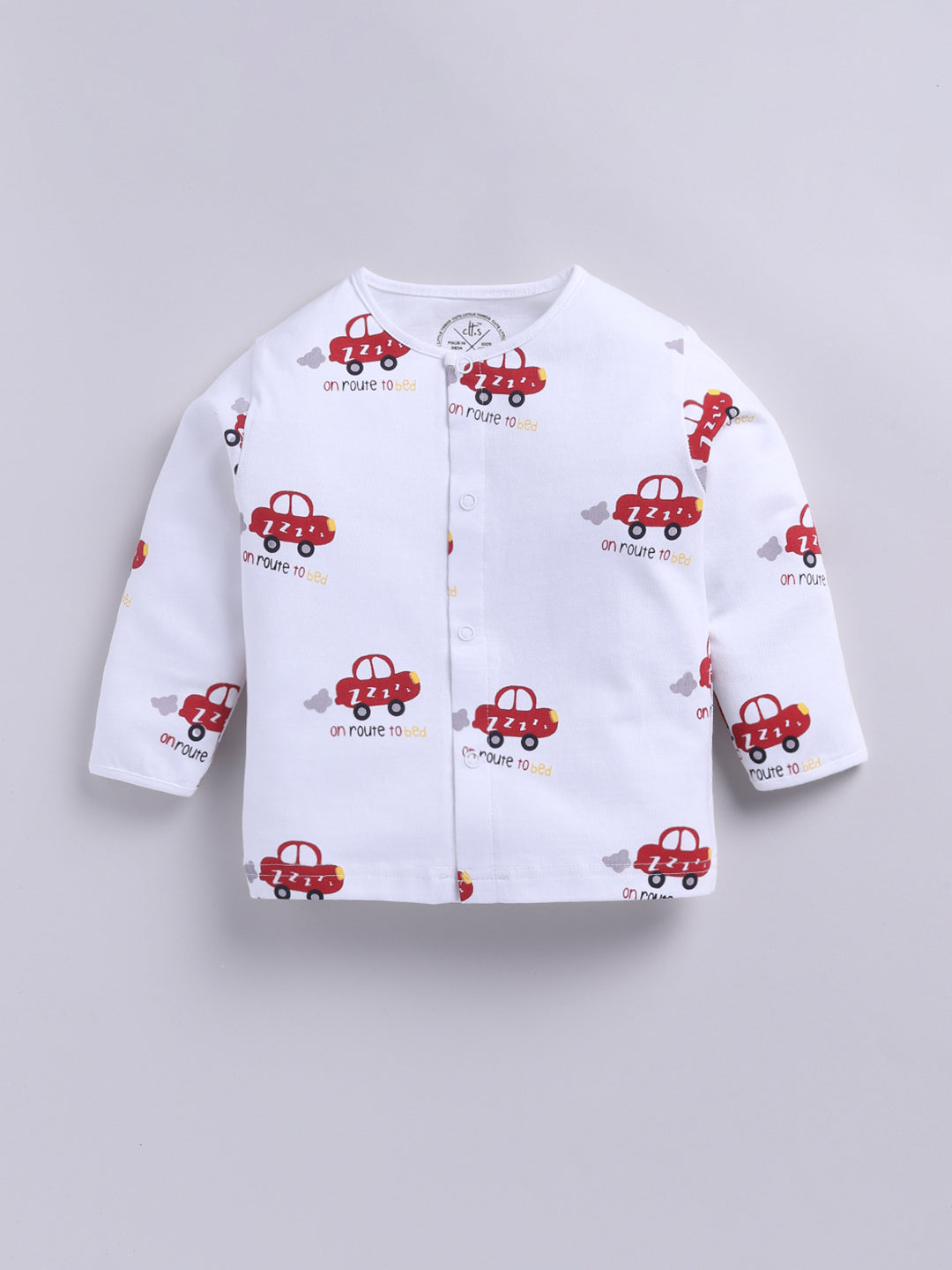 'Cars' White Cotton Knitted Full Sleeve Night Suit