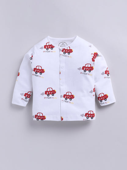 'Cars' White Cotton Knitted Full Sleeve Night Suit