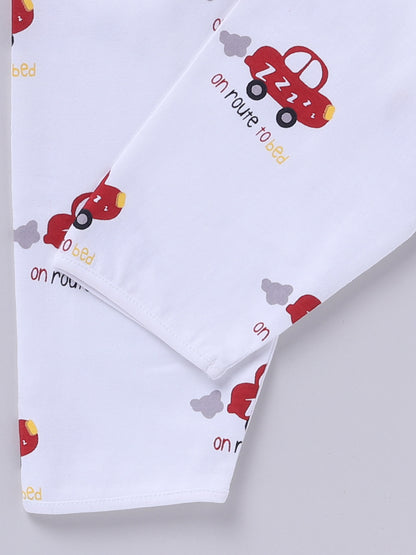 'Cars' White Cotton Knitted Full Sleeve Night Suit