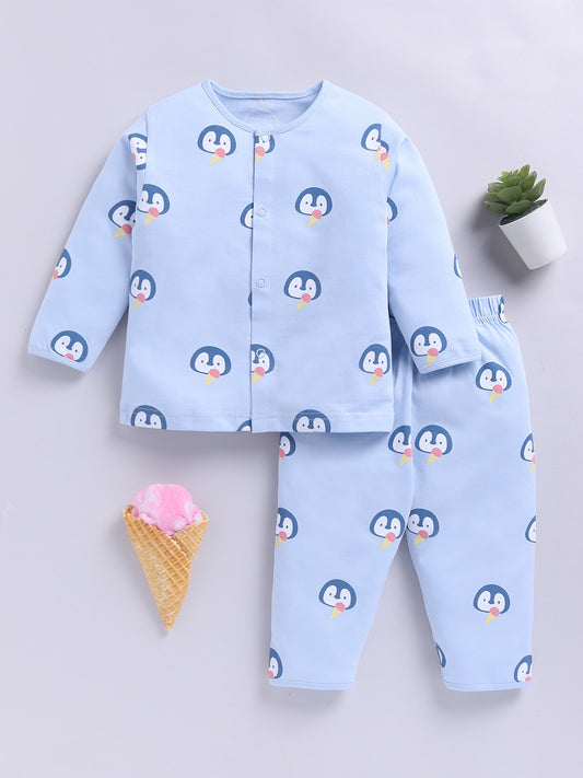 'Penguins' Blue Cotton Knitted Full Sleeve Night Suit