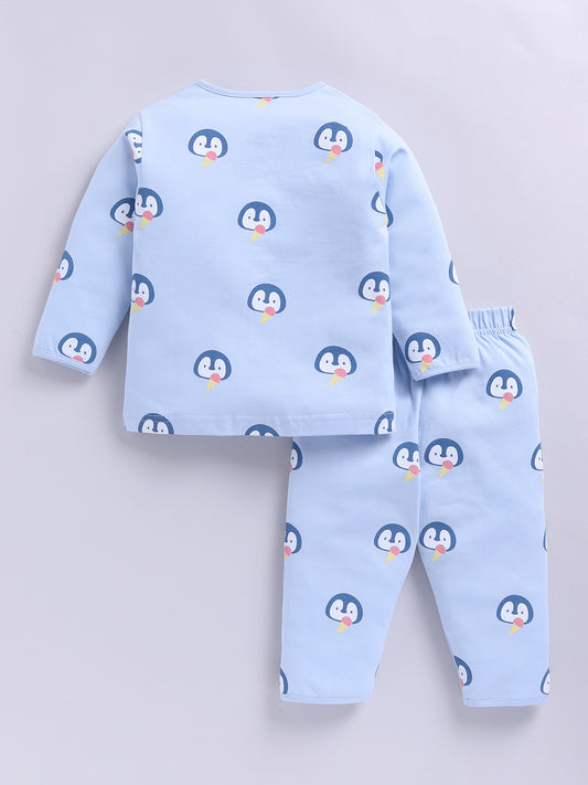 'Penguins' Blue Cotton Knitted Full Sleeve Night Suit