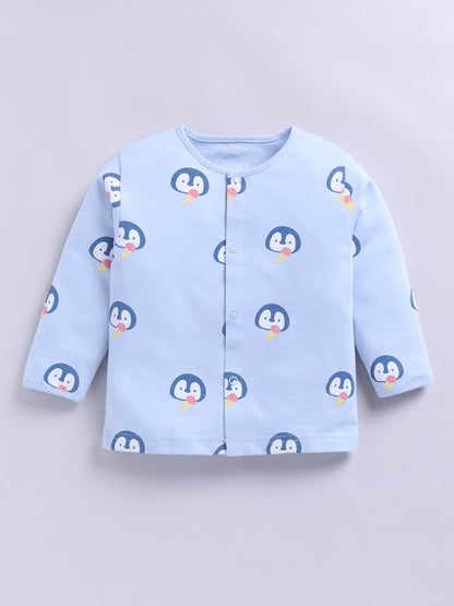 'Penguins' Blue Cotton Knitted Full Sleeve Night Suit