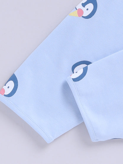 'Penguins' Blue Cotton Knitted Full Sleeve Night Suit