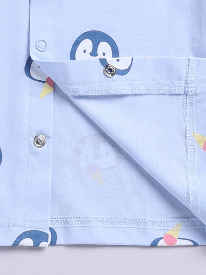 'Penguins' Blue Cotton Knitted Full Sleeve Night Suit