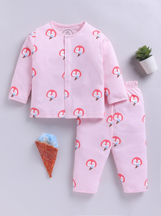 'Penguins' Pink Cotton Knitted Full Sleeve Night Suit