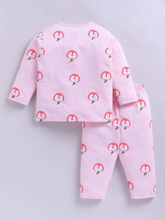 'Penguins' Pink Cotton Knitted Full Sleeve Night Suit