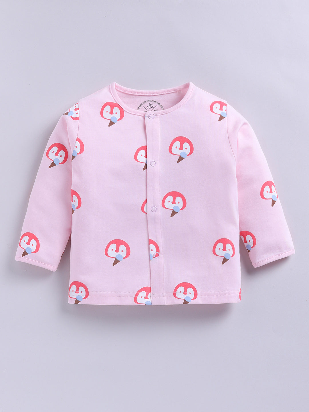 'Penguins' Pink Cotton Knitted Full Sleeve Night Suit