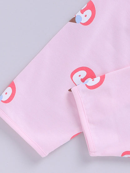 'Penguins' Pink Cotton Knitted Full Sleeve Night Suit