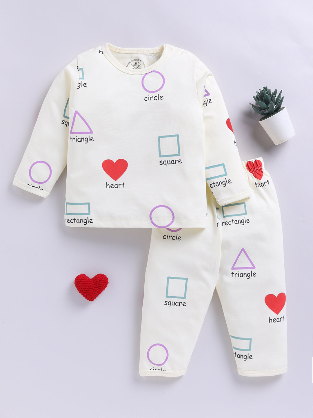 Cream Cotton Geometric Print Full Sleeve Night Suit