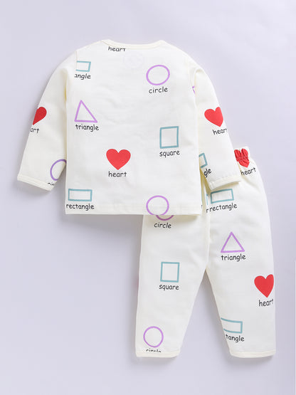 Cream Cotton Geometric Print Full Sleeve Night Suit