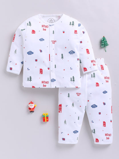 'Christmas' White Cotton Knitted Full Sleeve Night Suit