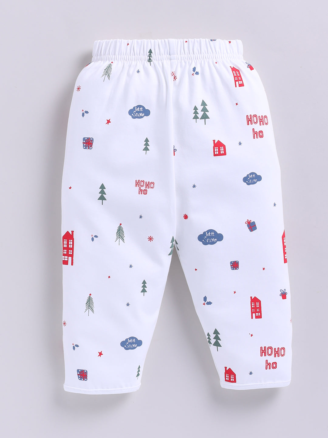 'Christmas' White Cotton Knitted Full Sleeve Night Suit