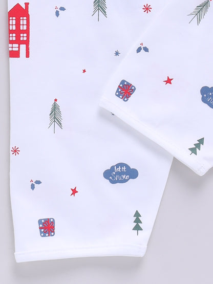 'Christmas' White Cotton Knitted Full Sleeve Night Suit