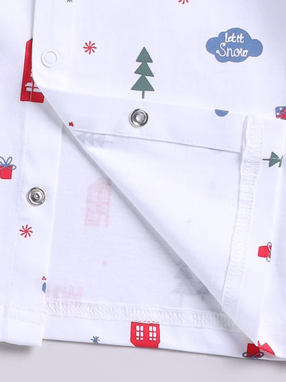 'Christmas' White Cotton Knitted Full Sleeve Night Suit