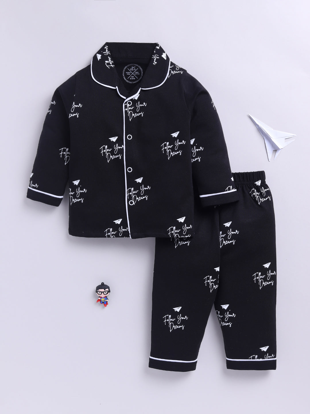 Black Cotton Knitted Typography Full Sleeve Night Suit