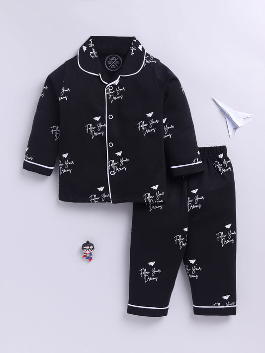 Black Cotton Knitted Typography Full Sleeve Night Suit
