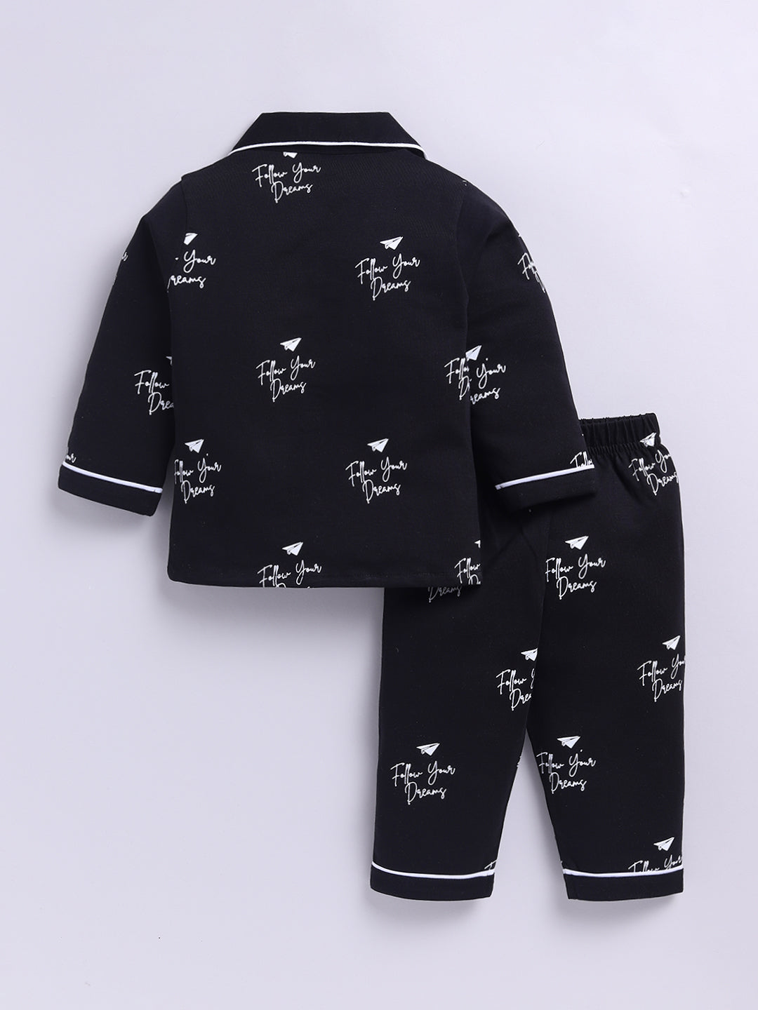 Black Cotton Knitted Typography Full Sleeve Night Suit
