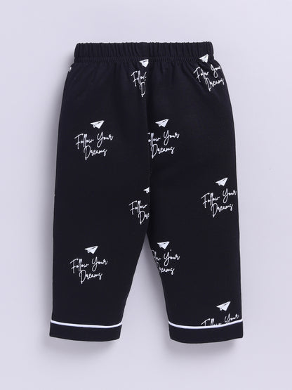 Black Cotton Knitted Typography Full Sleeve Night Suit