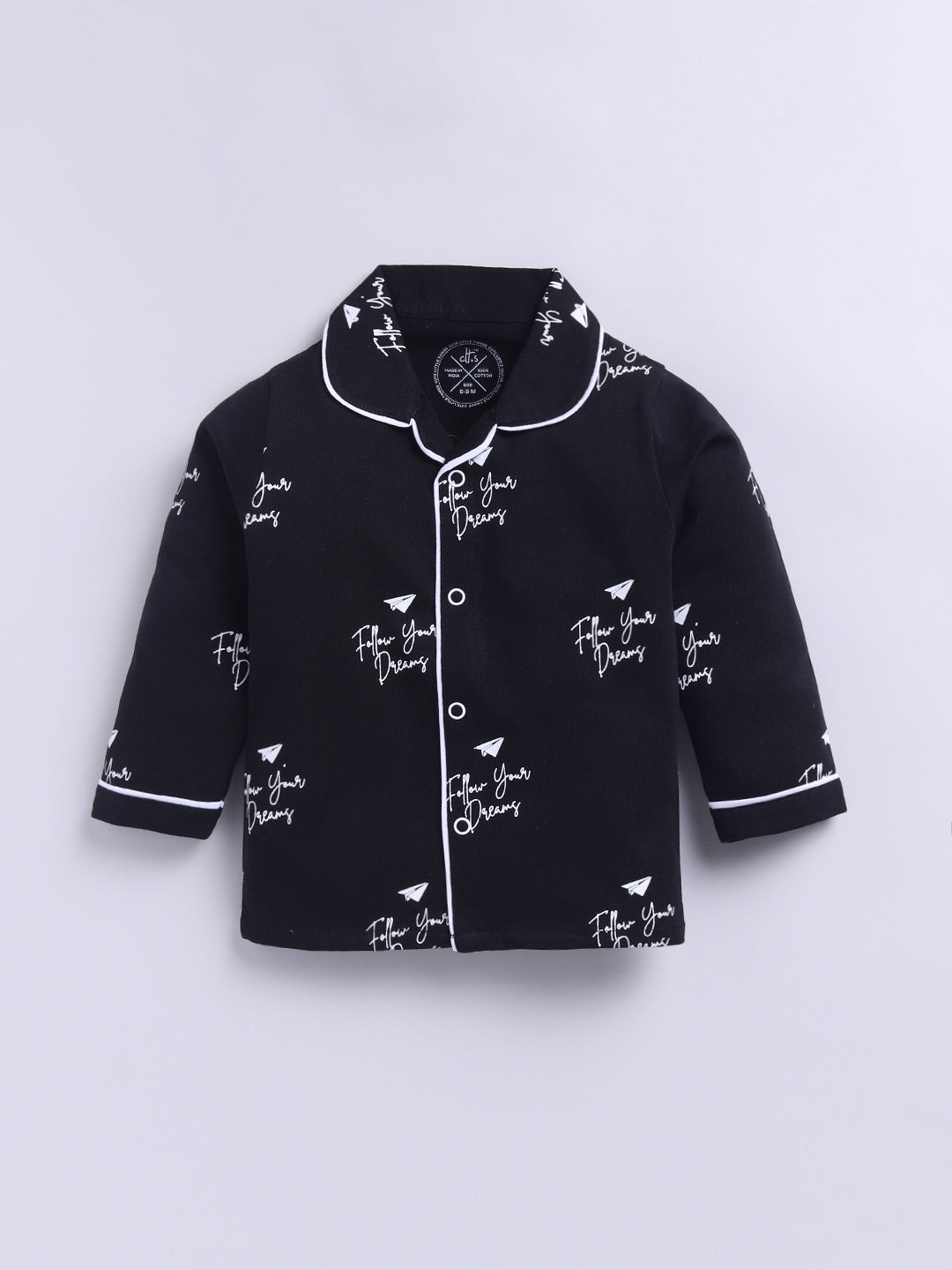 Black Cotton Knitted Typography Full Sleeve Night Suit