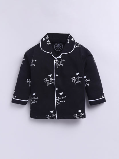 Black Cotton Knitted Typography Full Sleeve Night Suit