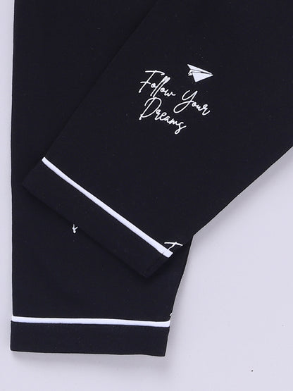 Black Cotton Knitted Typography Full Sleeve Night Suit