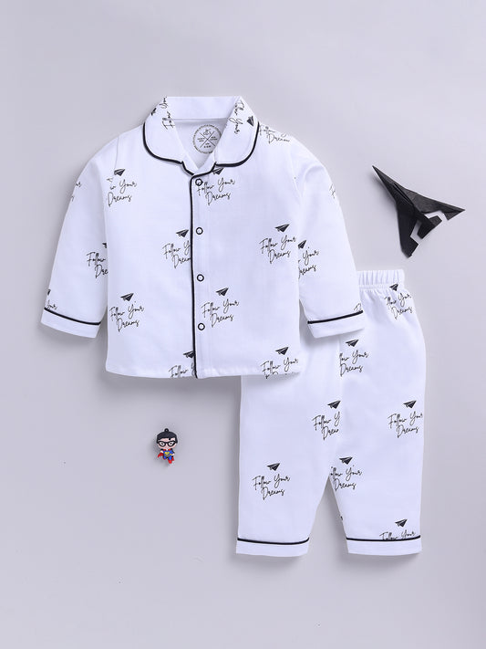 White Cotton Knitted Typography Full Sleeve Night Suit