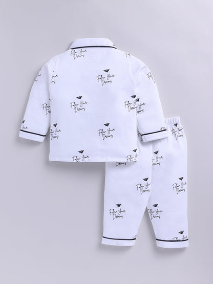 White Cotton Knitted Typography Full Sleeve Night Suit