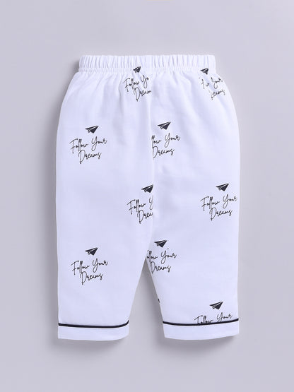 White Cotton Knitted Typography Full Sleeve Night Suit