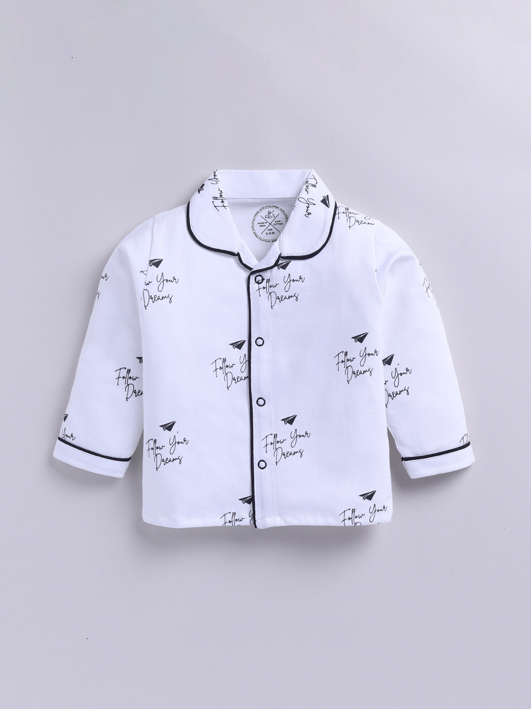 White Cotton Knitted Typography Full Sleeve Night Suit