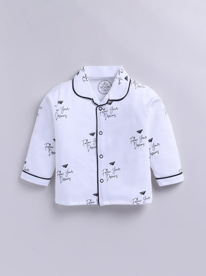 White Cotton Knitted Typography Full Sleeve Night Suit