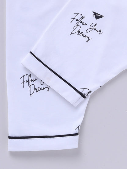 White Cotton Knitted Typography Full Sleeve Night Suit