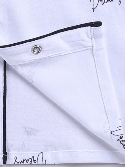 White Cotton Knitted Typography Full Sleeve Night Suit