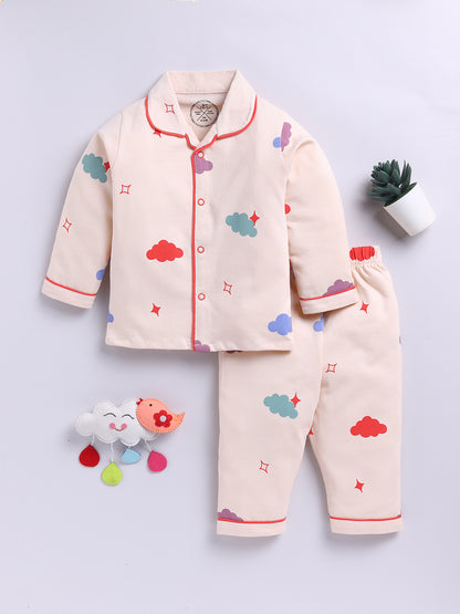 'Clouds' Beige Cotton Knitted Full Sleeve Night Suit