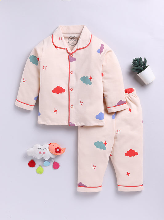 'Clouds' Beige Cotton Knitted Full Sleeve Night Suit