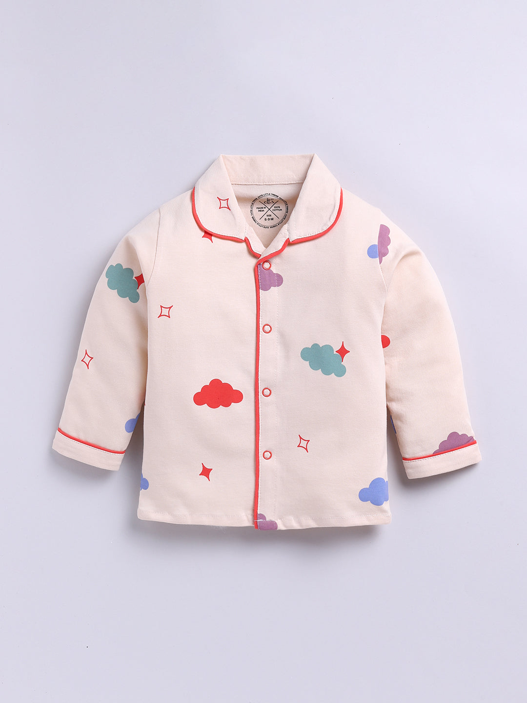 'Clouds' Beige Cotton Knitted Full Sleeve Night Suit