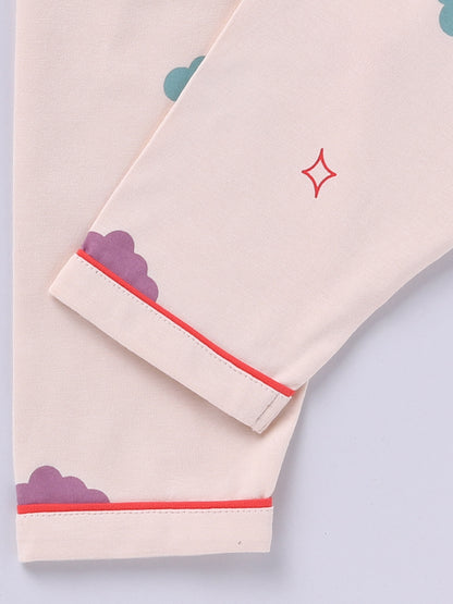 'Clouds' Beige Cotton Knitted Full Sleeve Night Suit