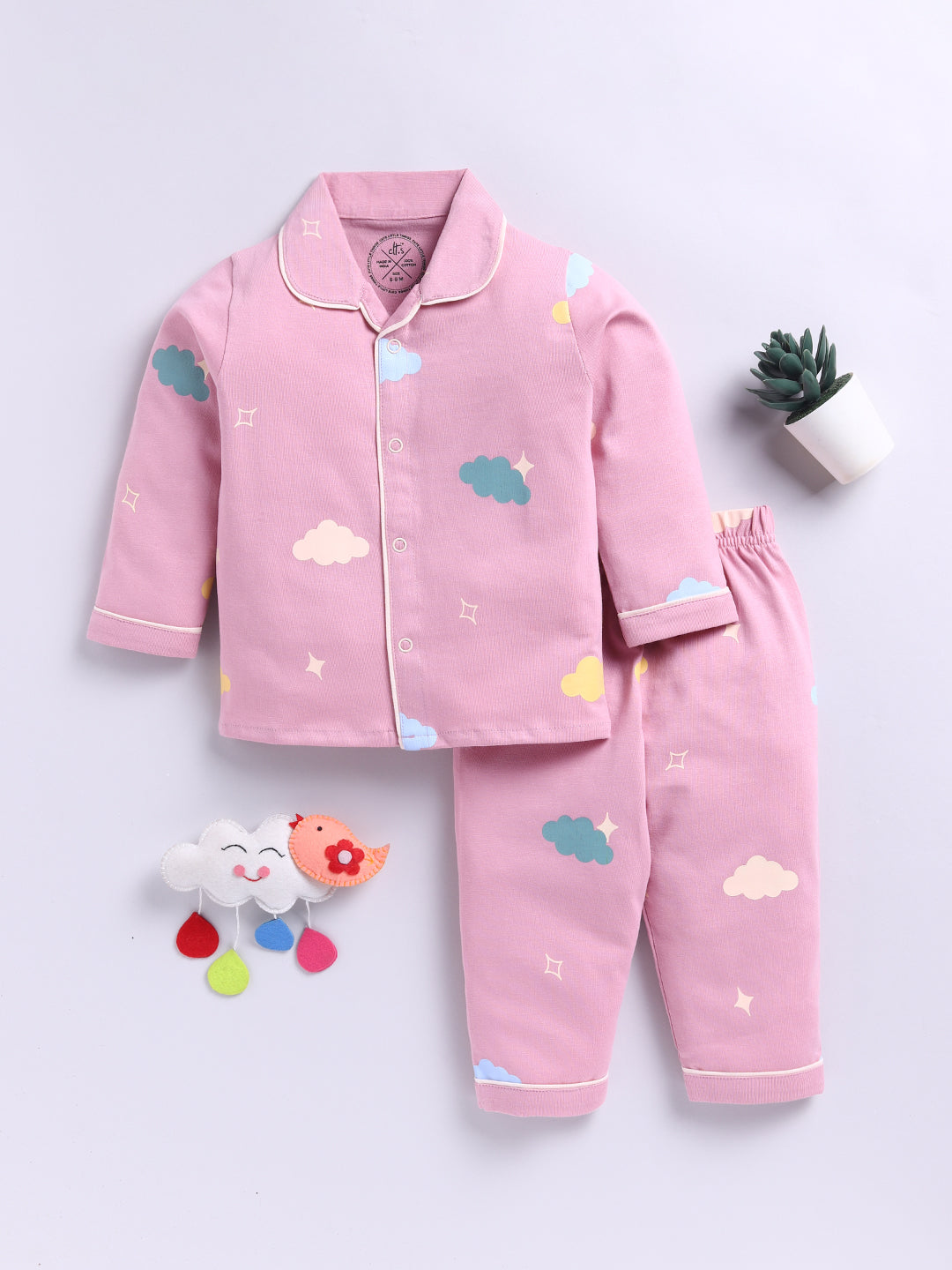 'Clouds' Mauve Cotton Knitted Full Sleeve Night Suit
