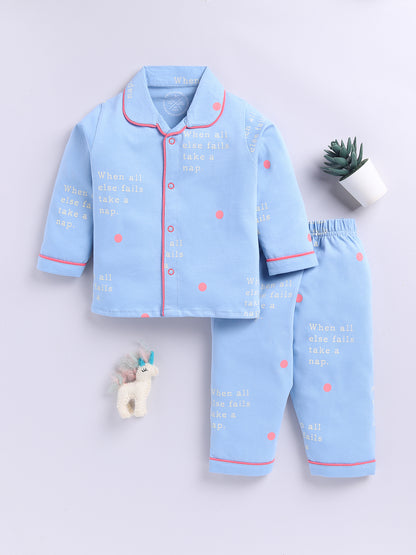 Blue Cotton Knitted Typography Full Sleeve Night Suit