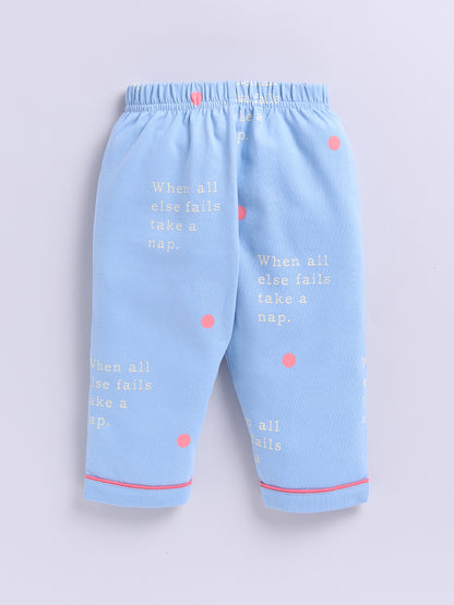 Blue Cotton Knitted Typography Full Sleeve Night Suit