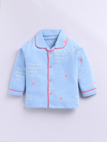 Blue Cotton Knitted Typography Full Sleeve Night Suit