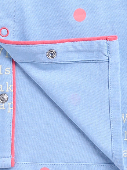 Blue Cotton Knitted Typography Full Sleeve Night Suit