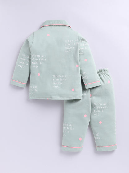 Green Cotton Knitted Typography Full Sleeve Night Suit