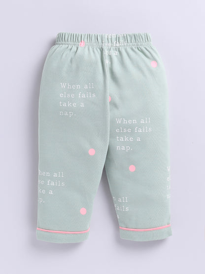 Green Cotton Knitted Typography Full Sleeve Night Suit