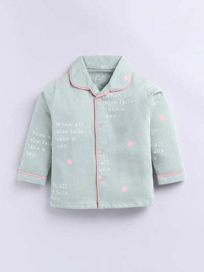 Green Cotton Knitted Typography Full Sleeve Night Suit