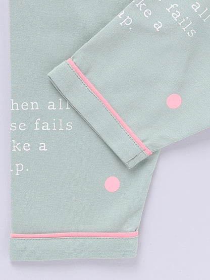 Green Cotton Knitted Typography Full Sleeve Night Suit